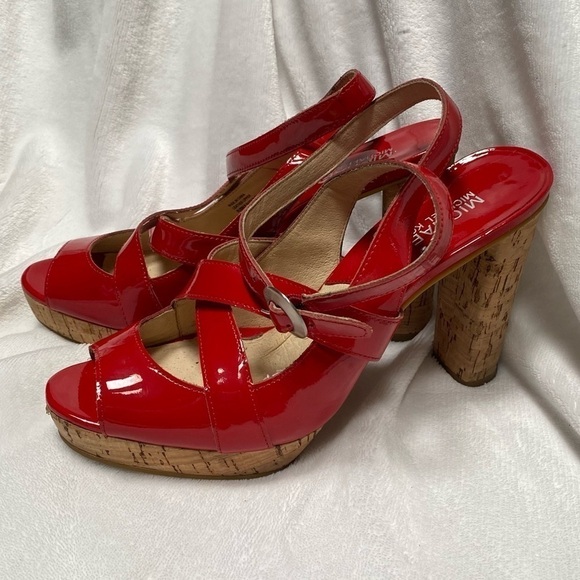 Michael Michael Kors red patent leather strappy chunky cork heel size 8.5 - Picture 6 of 11